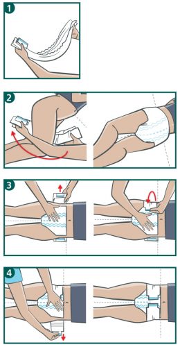 schéma de pose du change complet Elastic Hartmann en position allongée - change très absorbant pour fuites urinaires et/ou fécales